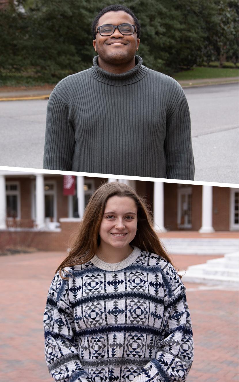 A dual-photo, 泽维尔穿着灰色毛衣，戴着黑色眼镜，还有凯特, 穿着蓝白相间的毛衣，微笑着出现在玛莎华盛顿广场.